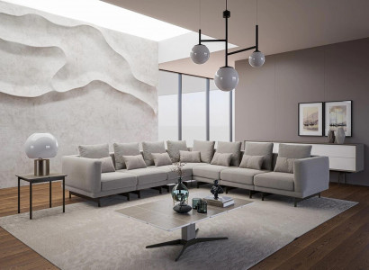 Living room gray sofa couch upholstered furniture new wood coffee table
